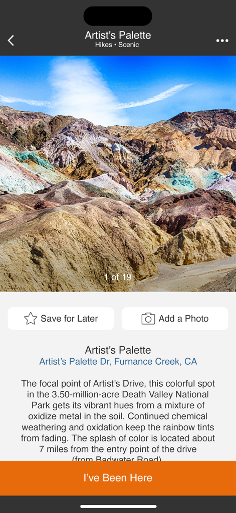 Death Valley Offline Guide - Detail page for Artist's Palette in the Death Valley Offline Guide app showing a scenic mountain photo and location information