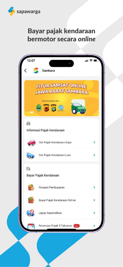 SAPAWARGA - Jabar Super Apps - Sapawarga app screen displaying the Sambara feature for online motor vehicle tax payment in West Java