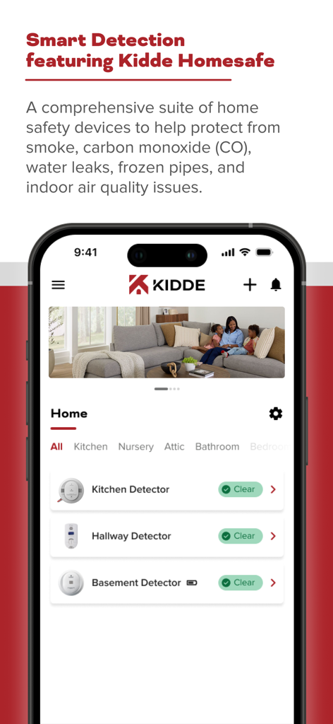 Kidde - Kidde app dashboard showing status of kitchen hallway and basement smoke and carbon monoxide detectors