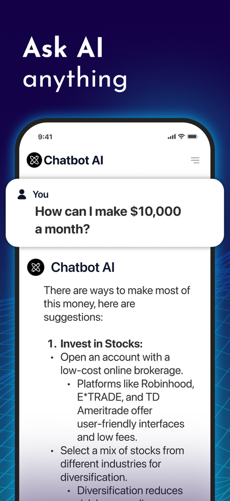 Chatbot AI - Smart Search Bot - Una captura de pantalla móvil de Chatbot AI respondiendo una pregunta sobre cómo ganar diez mil dólares al mes con consejos de inversión.