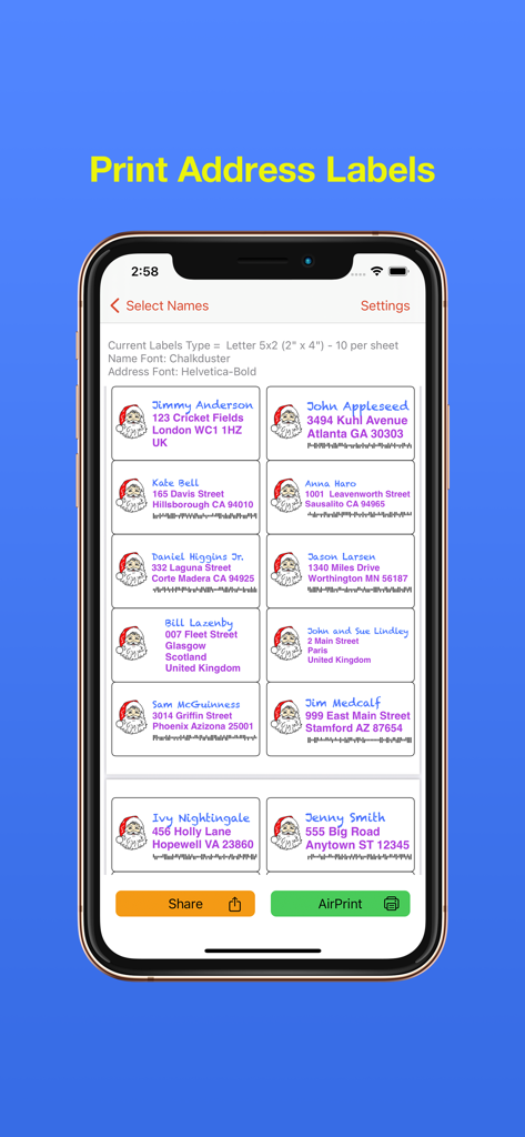 Address Labels & Envelopes - Una interfaz de aplicación móvil que muestra una cuadrícula de etiquetas de direcciones navideñas personalizadas con iconos de Santa Claus y códigos de barras.