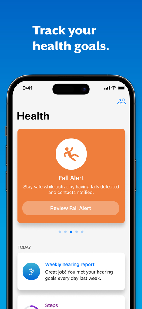 My Starkey app interface showing health tracking and fall alert notification