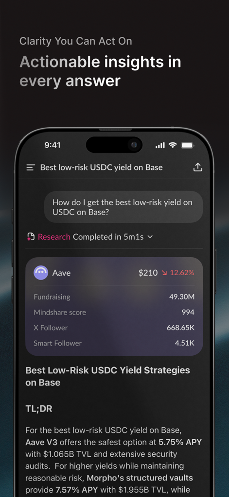 Surf – Crypto AI Assistant - Surf app interface showing a research report on low-risk USDC yield strategies on the Base network.