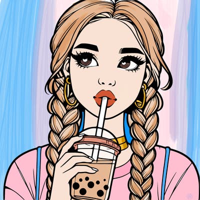realistic girl with braided hair drinking boba
