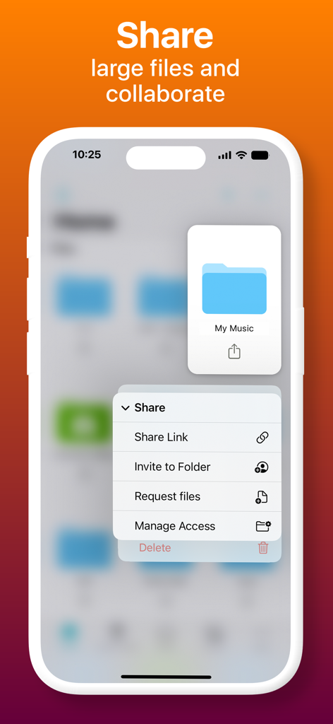 pCloud mobile App-Oberfläche, die ein Ordnerfreigabemenü mit Optionen zum Teilen von Links und zum Einladen von Mitwirkenden zeigt.