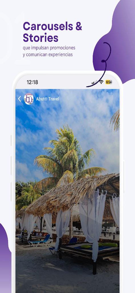 Captura de tela do aplicativo Abut mostrando histórias de viagens e promoções de férias na praia