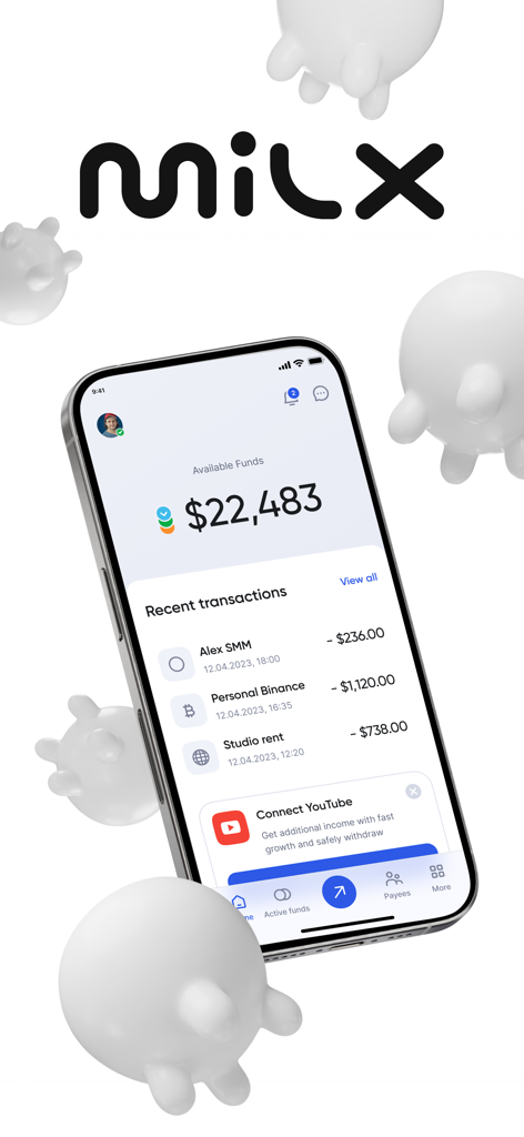 MilX: Finance hub for bloggers - Smartphone showing the MilX app dashboard with available funds and recent transactions for a YouTube creator.