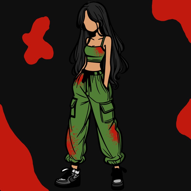 girl in baggy pants crop top and long hair