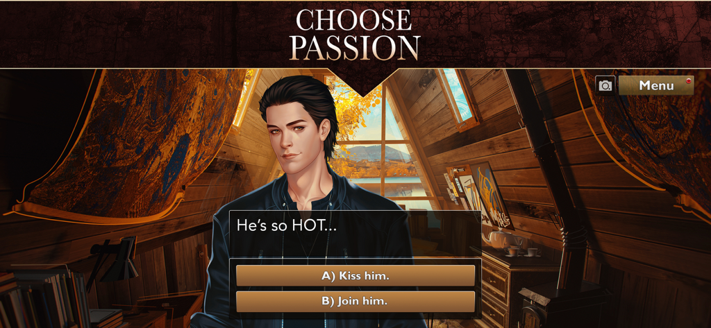 Is It Love FallenRoad에서 선택 옵션이 있는 인터랙티브 로맨스 장면.