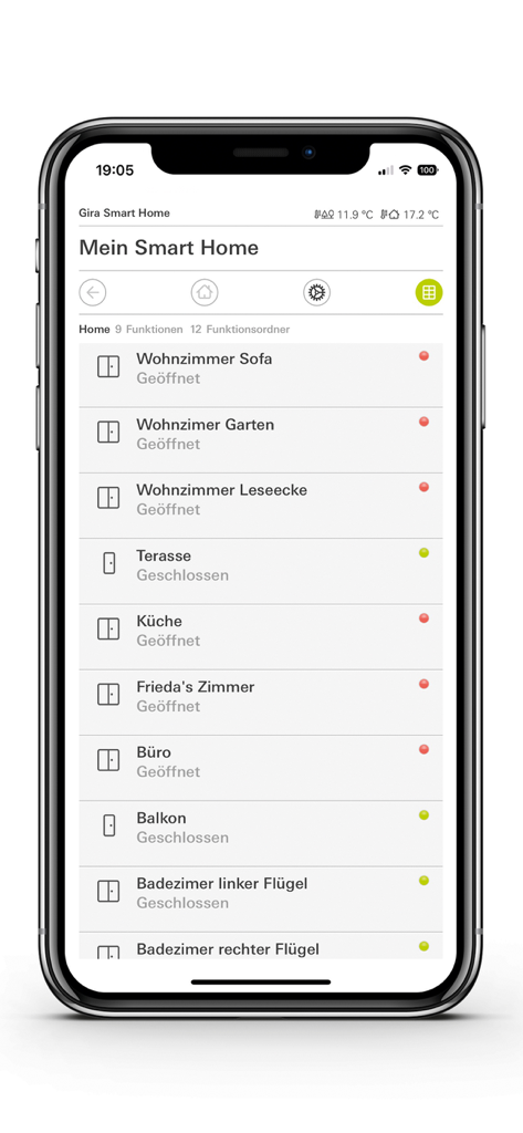 Gira Smart Home mobile app showing a list of status updates for windows and doors across various rooms