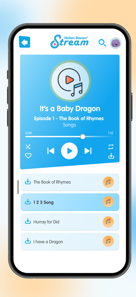 Interfaz del reproductor de audio en la aplicación Helen Doron Stream que muestra canciones educativas para niños como It's a Baby Dragon