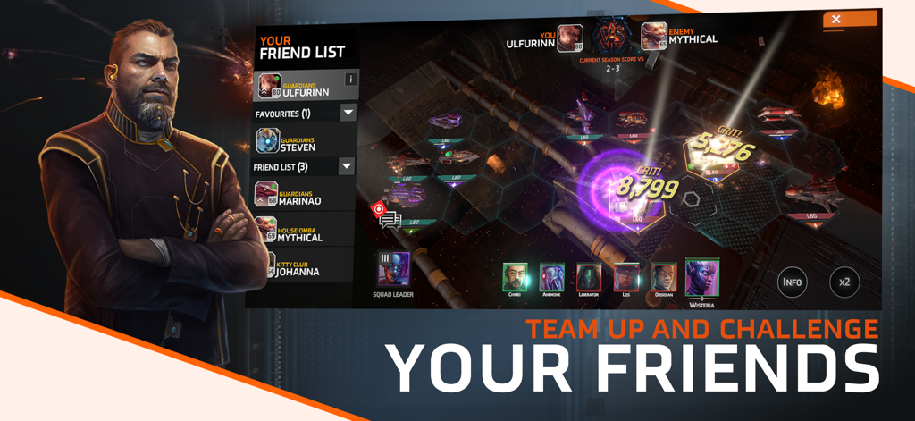 A tactical space battle scene in Starborne Frontiers displaying fleet formations on a hex grid alongside a friend list interface.