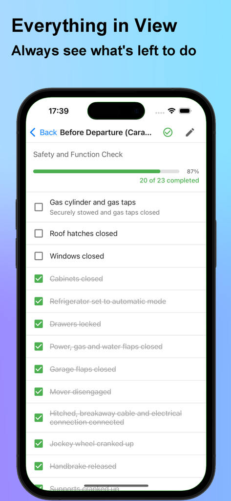 Camping Checker - Checklists - Camping Checker app displaying a safety checklist for caravan departure with a progress bar.