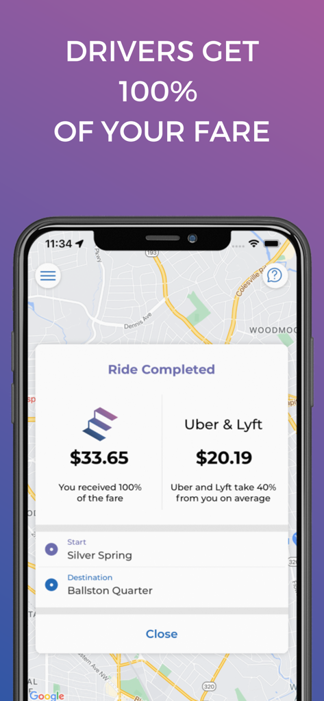 Empower - Your ride, your way - Comparison screen in the Empower app showing that drivers receive 100 percent of the fare compared to Uber and Lyft