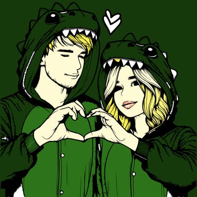 realistic couple wearing matching dinosaur onesies with heart hand gesture