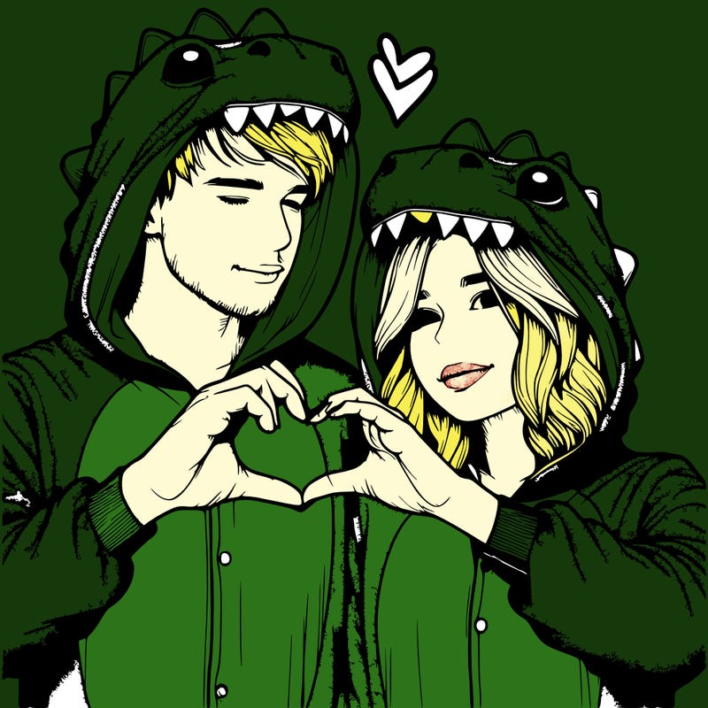 realistic couple wearing matching dinosaur onesies with heart hand gesture