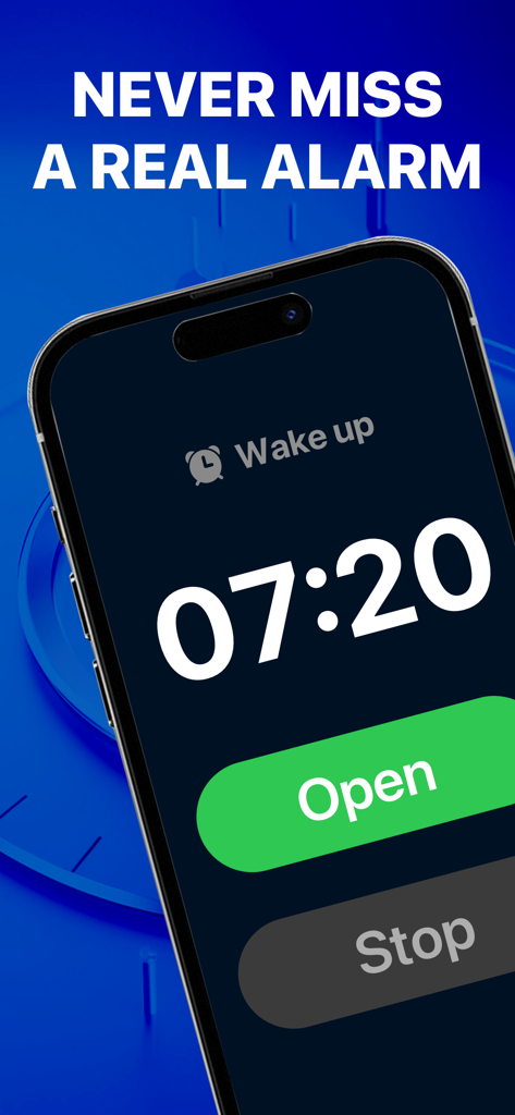 Workday & Holiday Real Alarm - Pantalla de iPhone mostrando la interfaz de Workday and Holiday Real Alarm con una alerta de despertador de 7:20 AM y el botón de abrir.