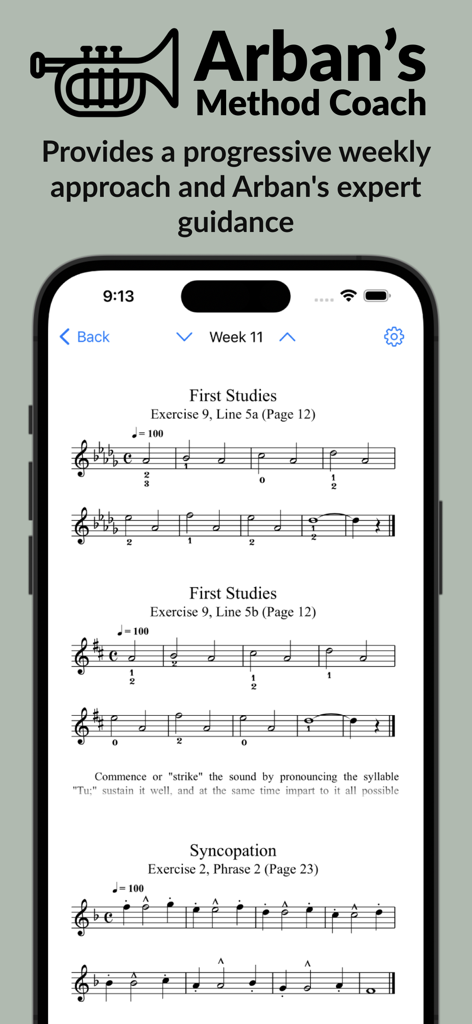 Arban's - Arban's Method Coach app showing trumpet sheet music and weekly practice exercises