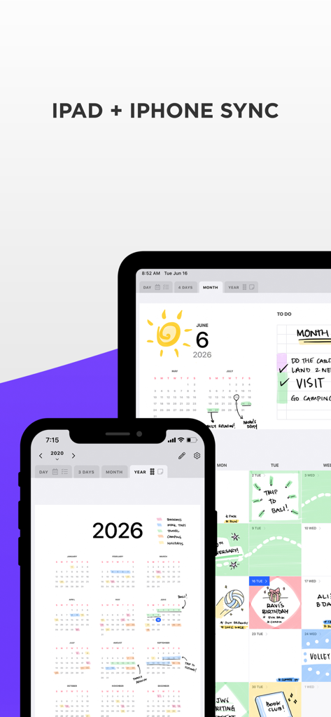 Pencil Planner app interface showing handwritten notes and digital calendar sync between an iPad and iPhone