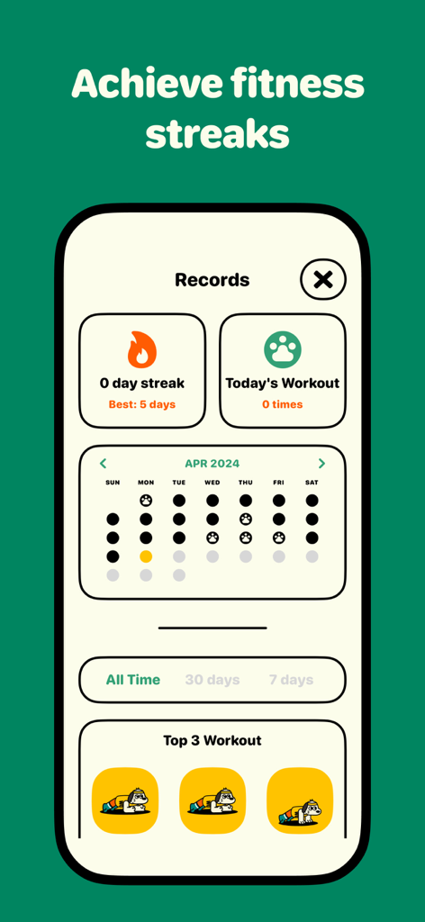 Rumbo Fitness - Rumbo Fitness app records screen showing workout streaks and a monthly activity calendar with dog paw icons.