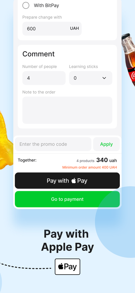 Ninja Sushi mobile app checkout screen highlighting the Apple Pay payment option and order customization fields