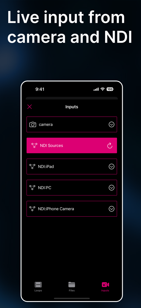 Pantalla de la aplicación GoVJ para seleccionar fuentes de video de cámara en vivo y NDI.