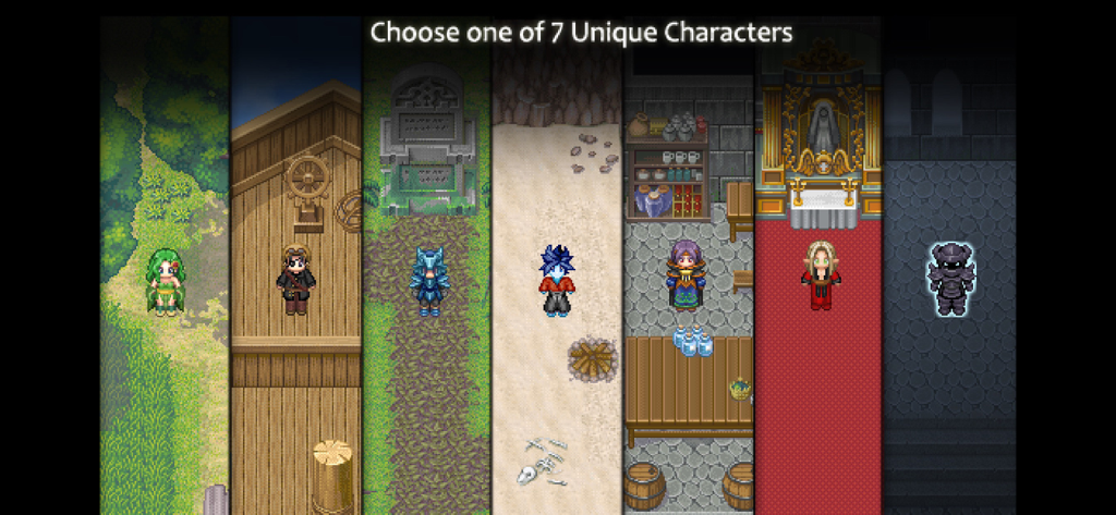 Une présentation de sept personnages uniques dans différents environnements en pixel art du jeu RPG rétro 7 Stories