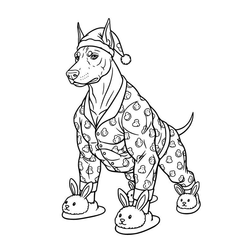 doberman pinscher wearing bunny slippers on paws he’s wearing a nightcap in between his ears and he’s wearing pajamas. he looks tough and he’s muscular but he looks like a baby when he’s wearing his pajamas.