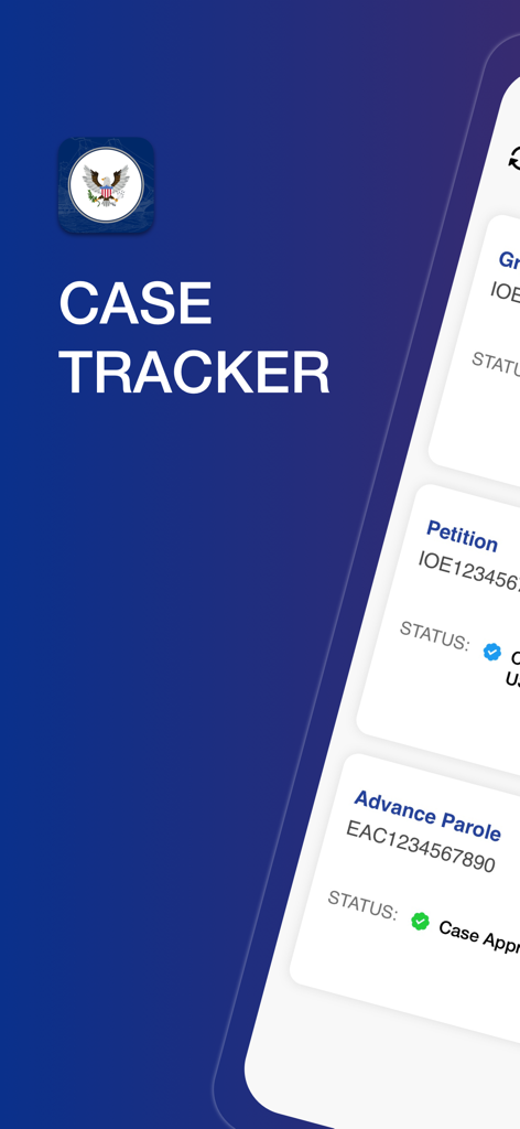 Uma interface móvel para o aplicativo Rastreador de Casos para Casos USCIS exibindo um painel com vários casos de imigração rastreados como Petição e Permissão de Trabalho.