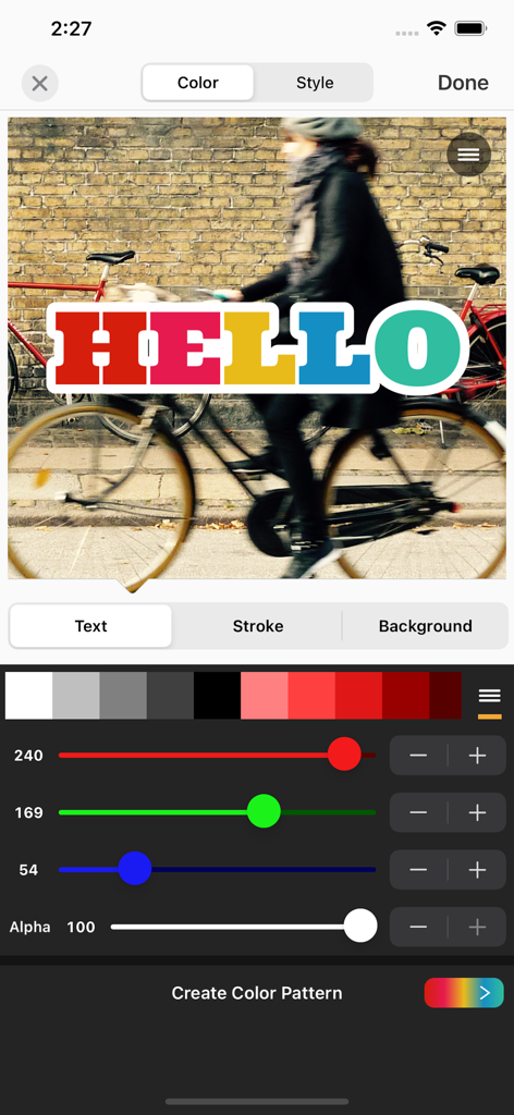 Mobile interface of Vont app showing RGB color sliders and palette used to customize a colorful HELLO text overlay on a video
