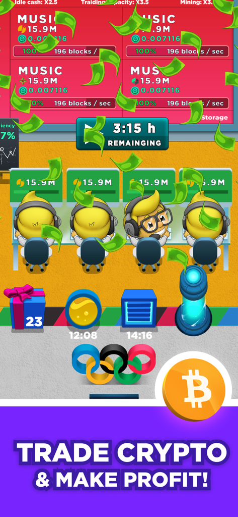 Cartoon characters managing a crypto trading desk with falling money in an idle tycoon game