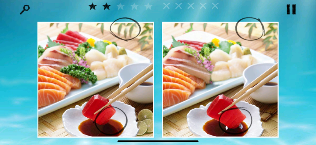 A side-by-side comparison of sushi plates in a spot the difference game level with identified differences circled.