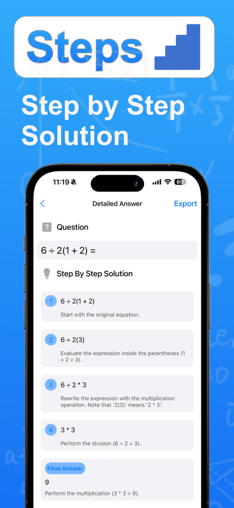 Calculus Solver - Math Answers - Mobile app interface displaying a detailed step-by-step solution for an algebra problem.
