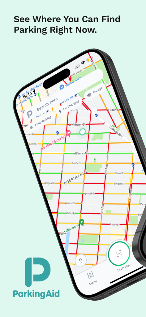 ParkingAid: Park Smarter - ParkingAid app interface showing a real-time parking availability map of Brooklyn