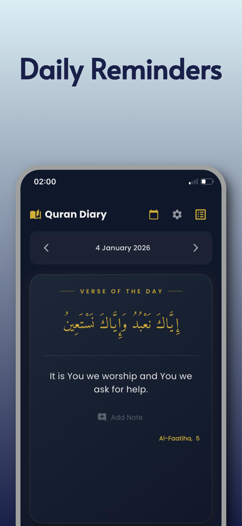 Quran Dairy - Quran Diary app interface showing the daily verse of the day with a minimalist design and option to add notes.