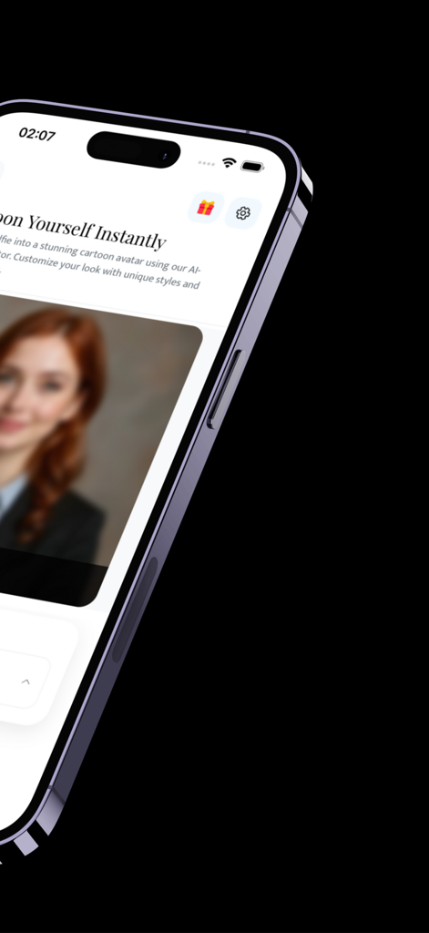 AI Cartoon Maker: Toon Studio - iPhone 画面に、AI アニメメーカー Toon Studio アプリのインターフェイスとポートレート写真が表示されている