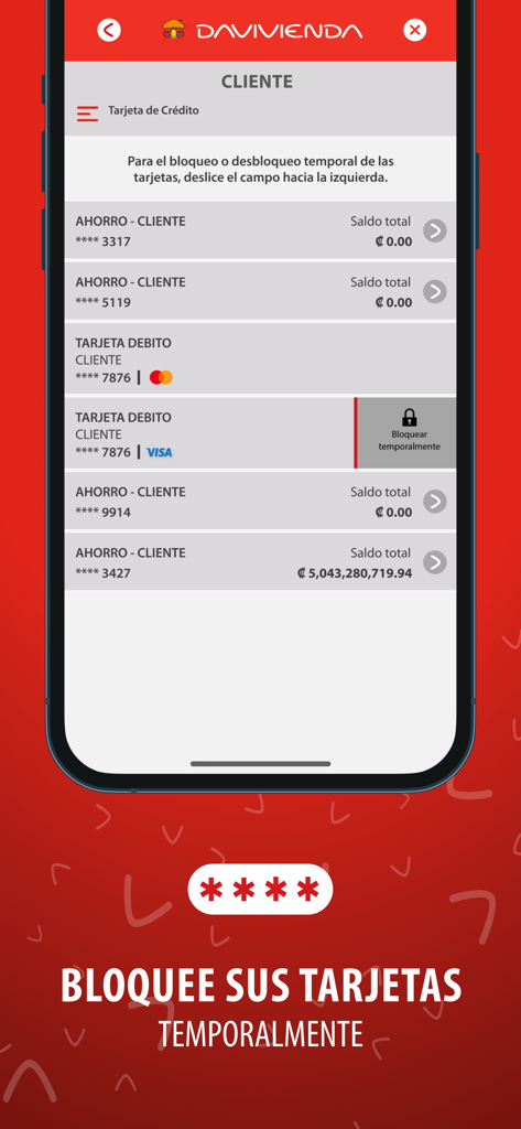 Davivienda Costa Rica - Pantalla de smartphone que muestra la interfaz de la app Davivienda Costa Rica para bloquear temporalmente tarjetas de débito y crédito