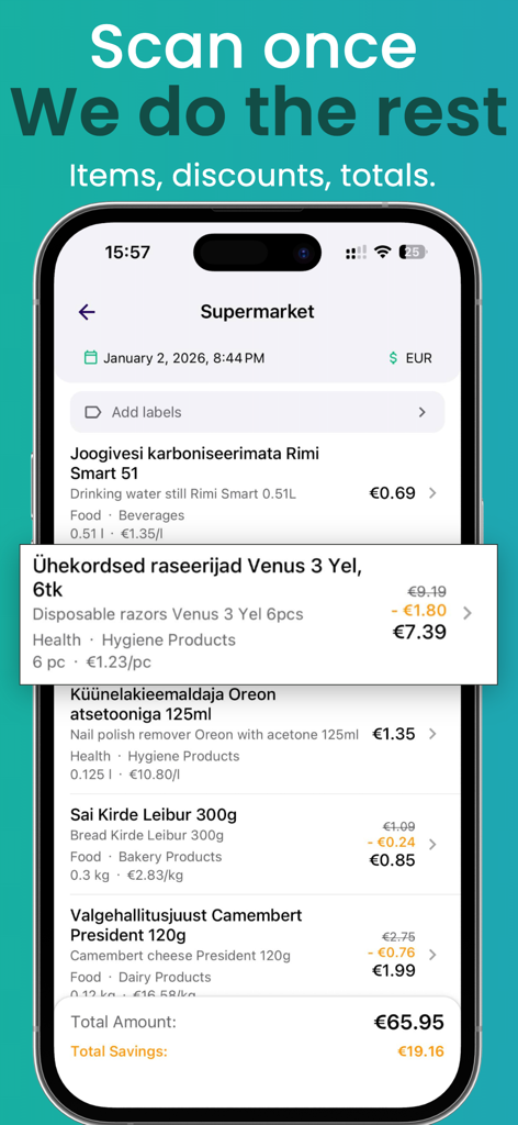 Scanomy app interface showing itemized supermarket receipt with price breakdowns and detected discounts