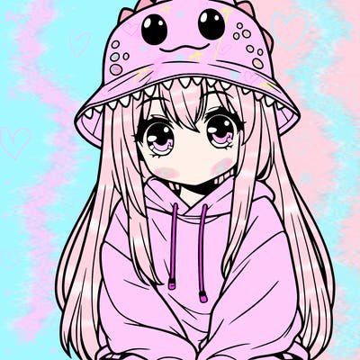 girl with anime shaped eyes with a dinosaur bucket hat oversized sweatshirt long straight hair