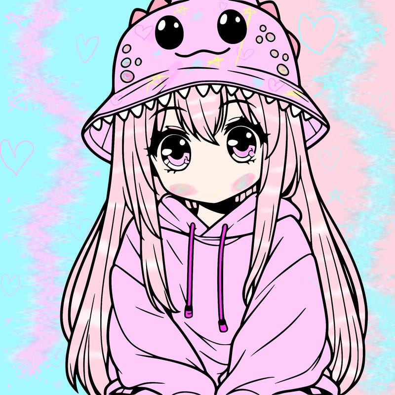 girl with anime shaped eyes with a dinosaur bucket hat oversized sweatshirt long straight hair
