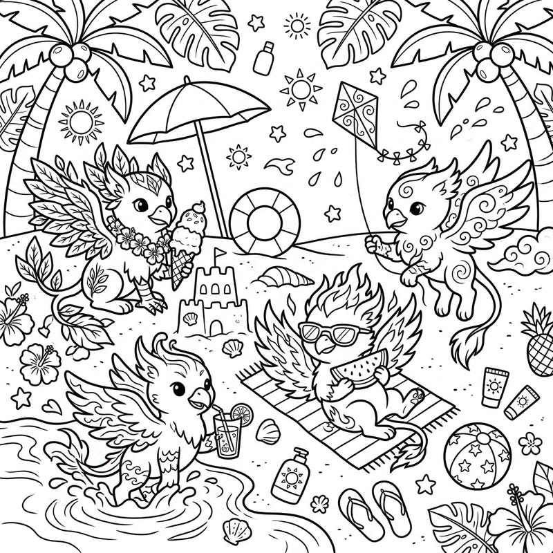 Get ready for a magical summer day with these adorable elemental griffins enjoying a lively beach vacation. From playing in the waves to flying kites, this enchanting coloring page captures the essence of warm, sunny adventures.