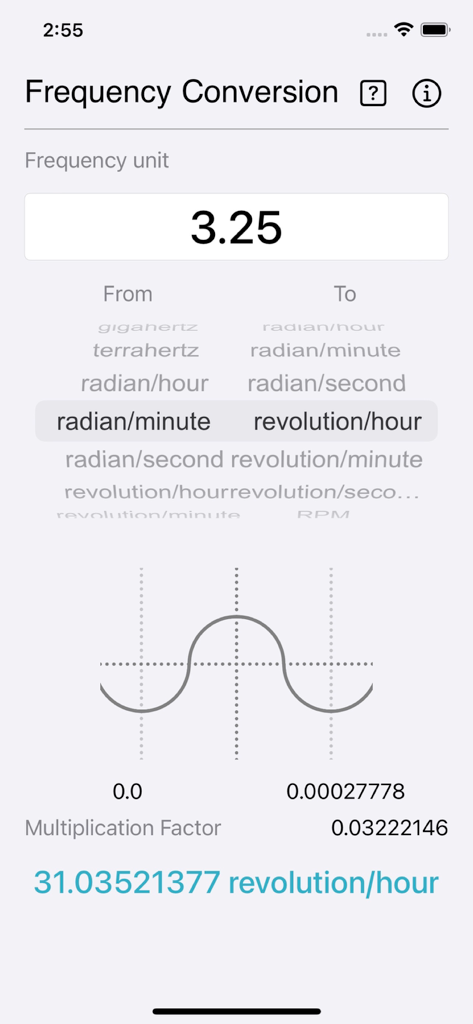Interfaz de la aplicación Conversión de Frecuencia mostrando una conversión de unidad de radián por minuto a revolución por hora