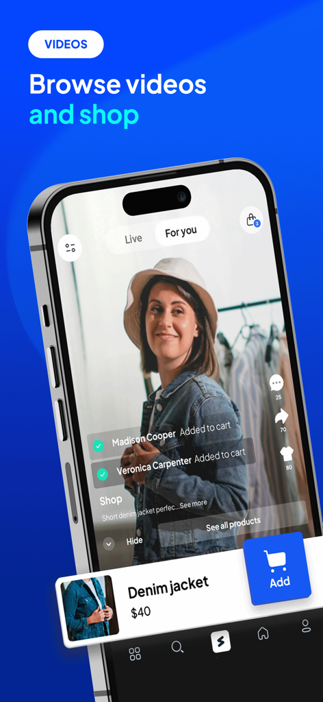 Selmo mobile app screen showing a video shopping feed with a denim jacket and an add to cart button