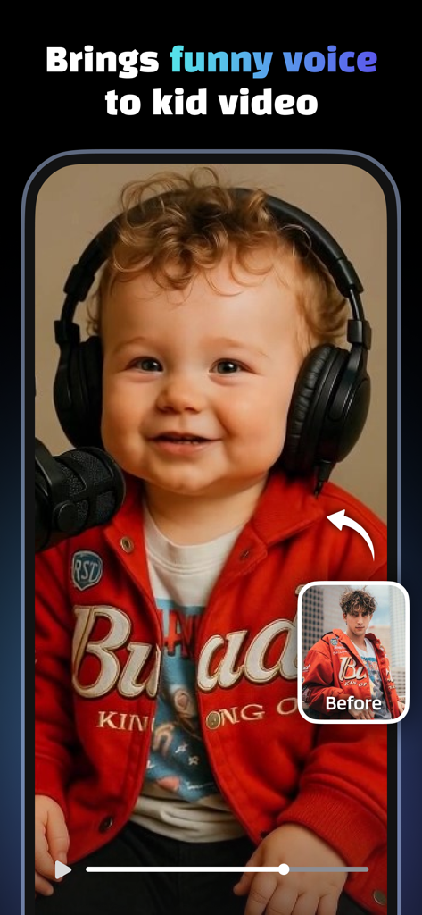 Creati app interface showing an AI generated baby in a podcast studio with funny voice effects