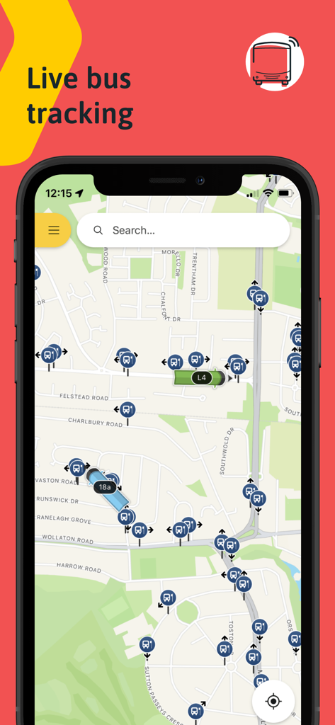 myTrip by Passenger - Un'interfaccia per smartphone che mostra il tracciamento dell'autobus in tempo reale su una mappa della città all'interno dell'app myTrip