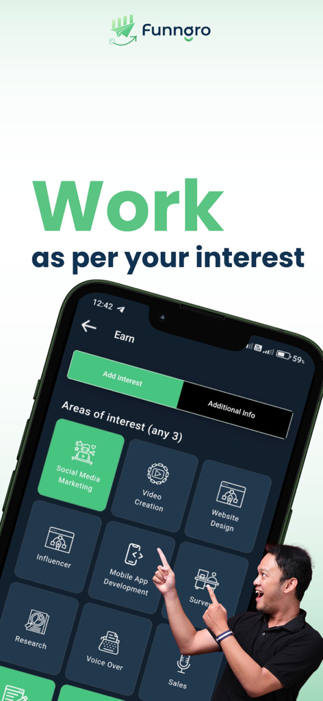 Funngro - Interfaz de la aplicación móvil Funngro que muestra varias categorías de trabajo freelance para adolescentes y estudiantes