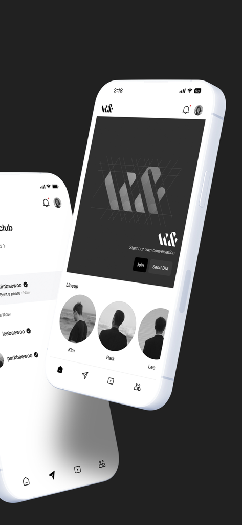 HIAND 앱의 모바일 인터페이스. 배우 라인업과 직접 메시지 보내기 옵션을 보여줌