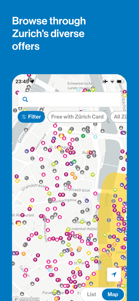 Zürich City Guide - A mobile screen showing an interactive map of Zurich with various colorful icons representing attractions and dining options