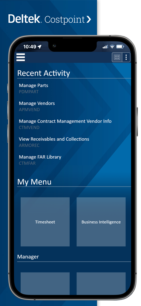 Deltek Costpoint dashboard displaying recent activity list and menu tiles for timesheet and business intelligence.