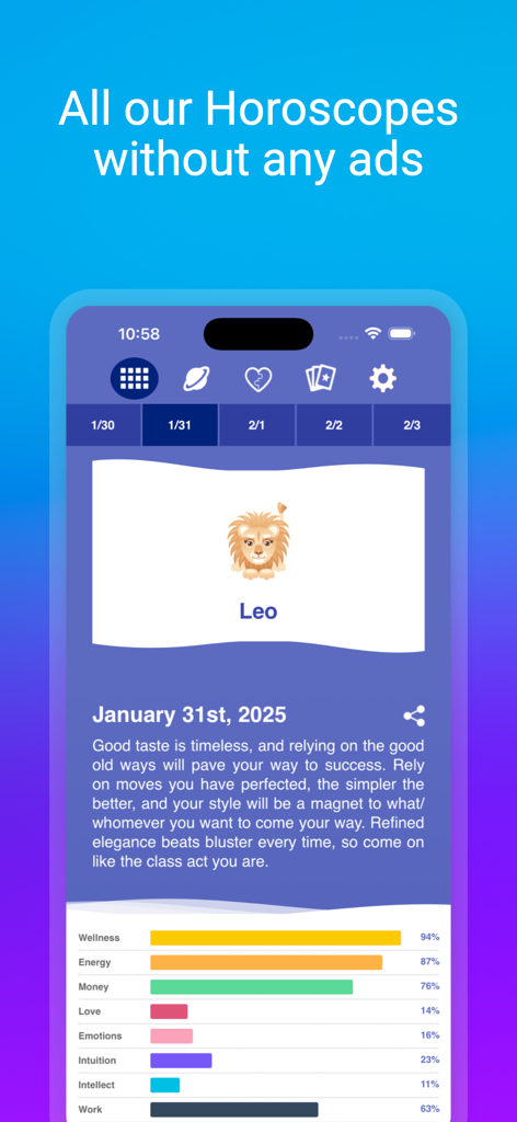 Horóscopo diario de Leo con métricas de vida en una interfaz sin anuncios